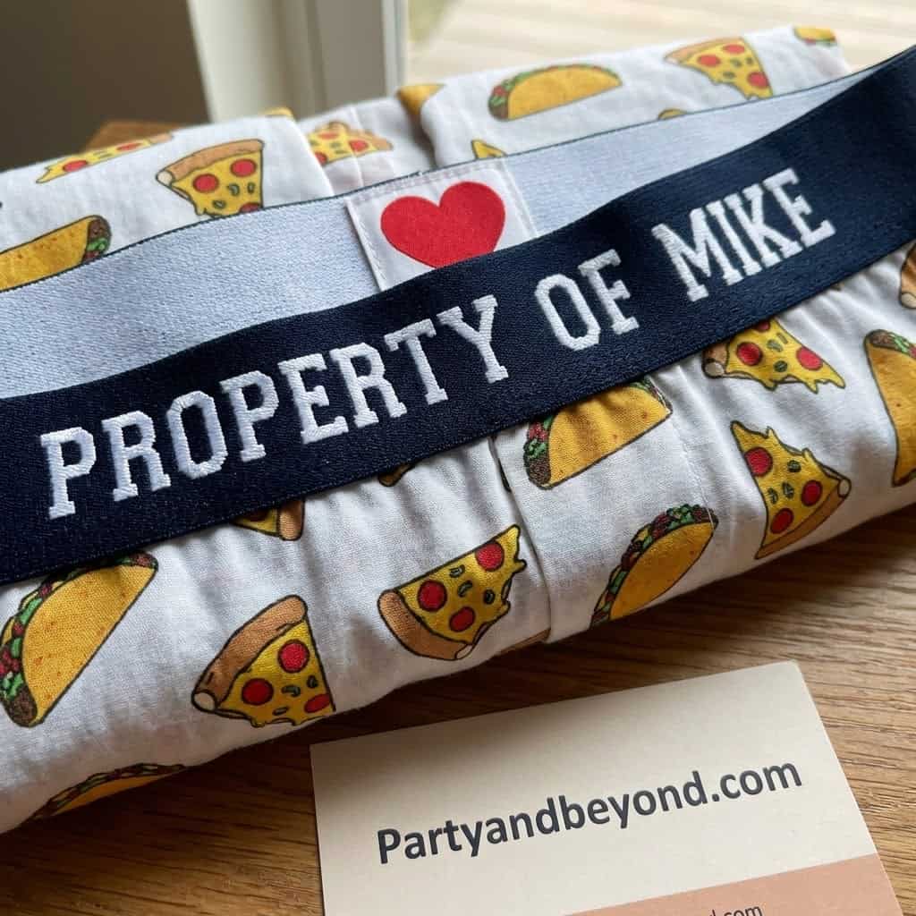 Custom pizza-themed gift bag with "Property of Mike" label for Valentine’s Day.