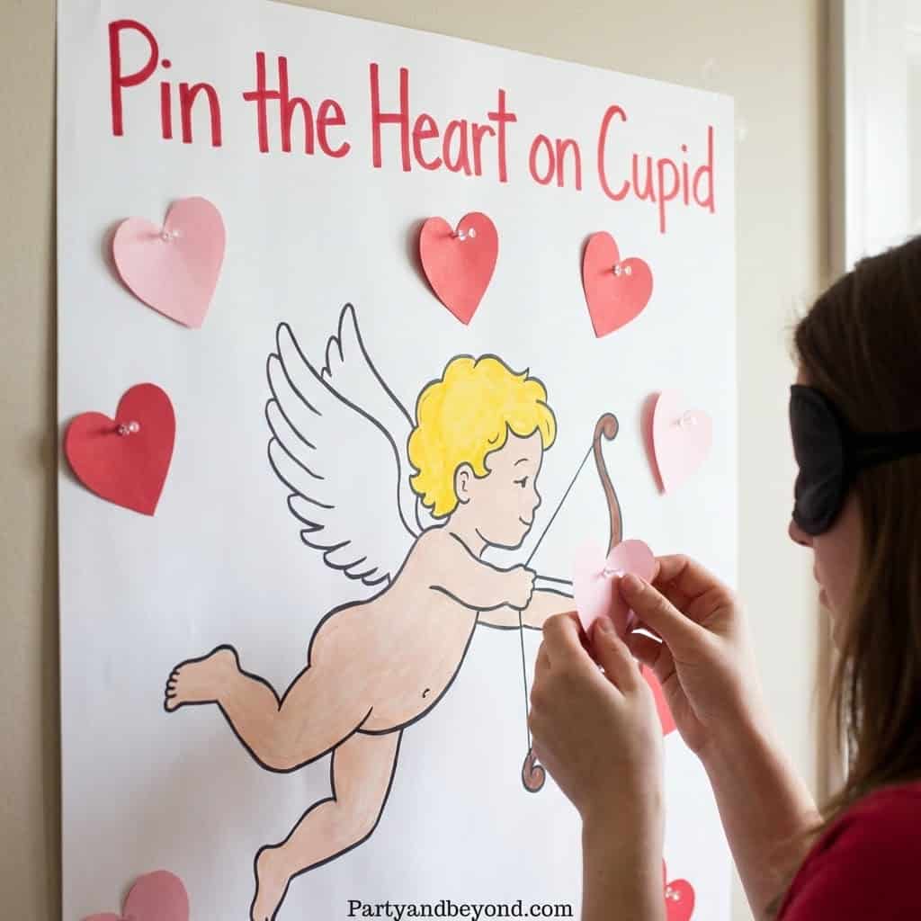 Valentine’s Day game with Cupid and heart cutouts for kids.