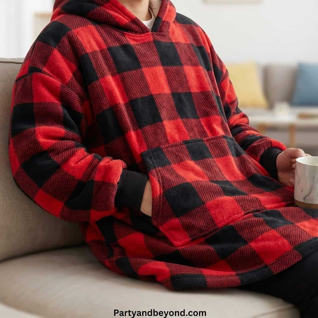 Red and black plaid hoodie, cozy casual wear perfect for relaxing at home.