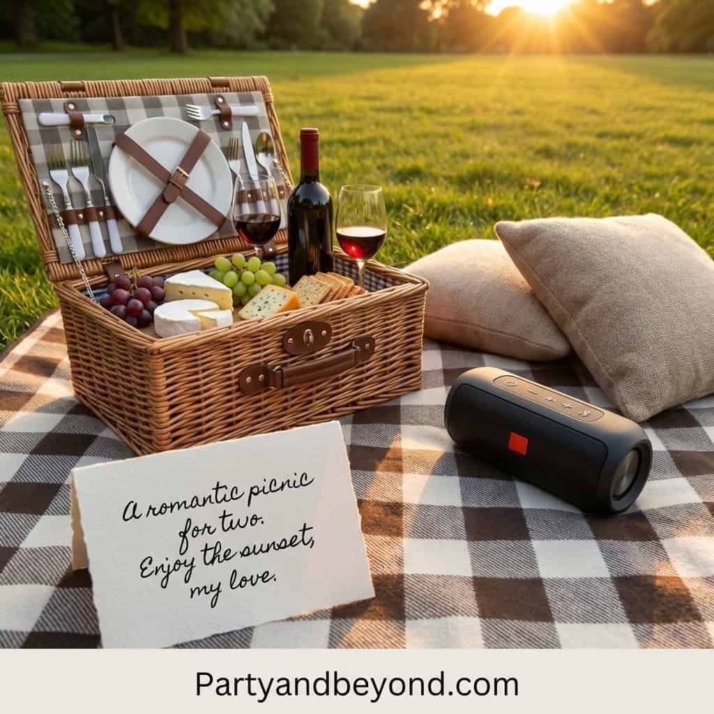 Romantic picnic scene with wine, cheese, and sunset in a park setting.
