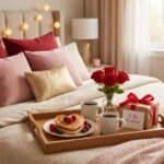 17 Valentine’s Day Surprise Ideas for Your Husband Elegant bedroom with roses and breakfast tray for Valentine's Day surprise.