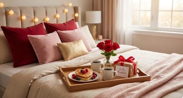 Elegant bedroom with roses and breakfast tray for Valentine's Day surprise.