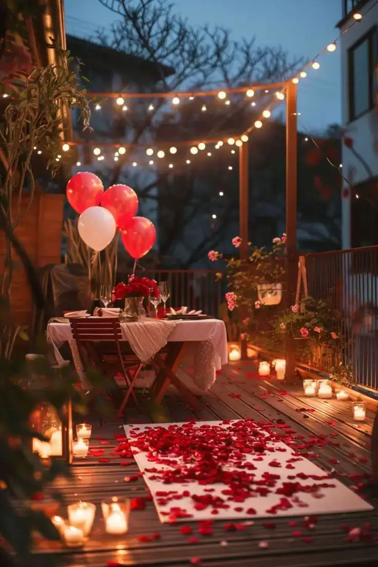 Elegant Valentine's Day dinner with candles, wine, and a special menu.