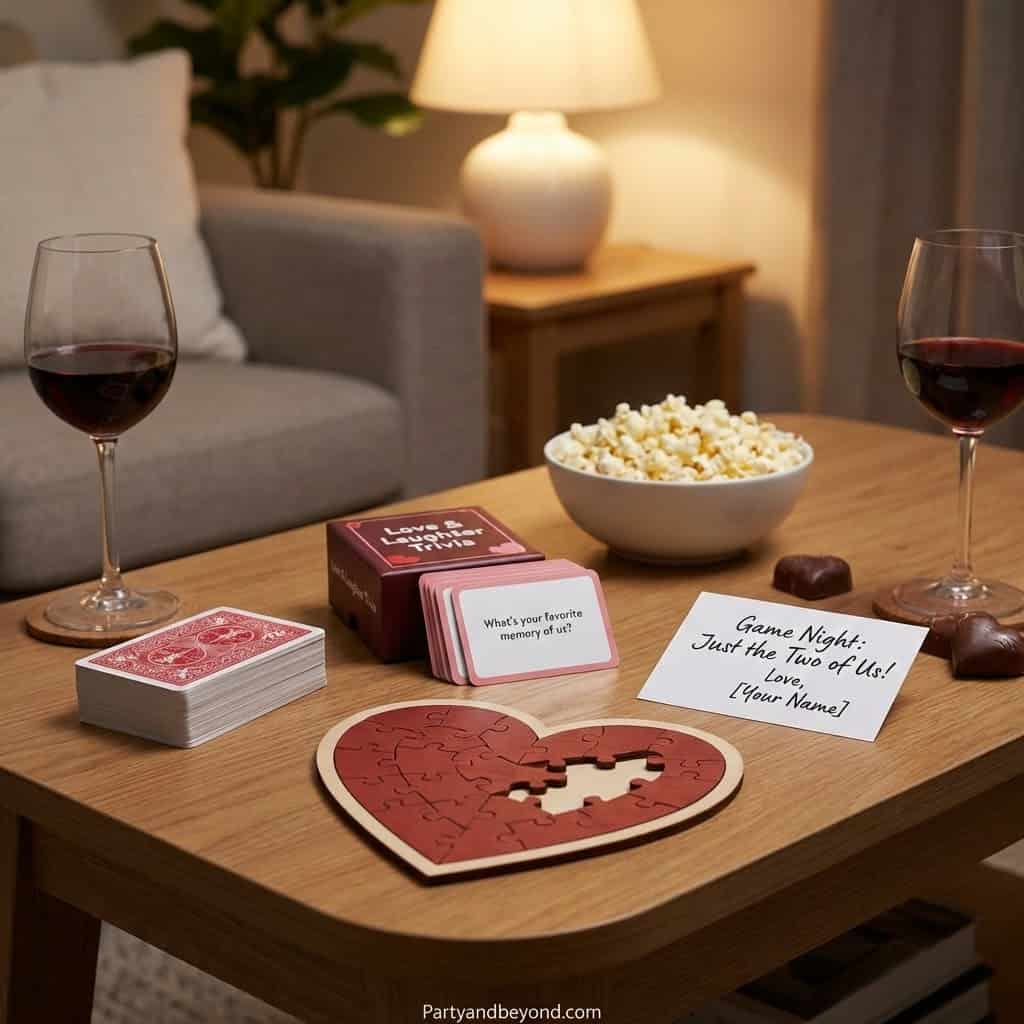 Romantic Valentine's Day game with puzzle heart, popcorn, wine glasses, and love notes for husband.