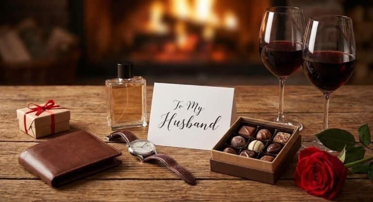 Romantic Valentine's Day gift setup with wine, chocolates, and a heartfelt note for husband.