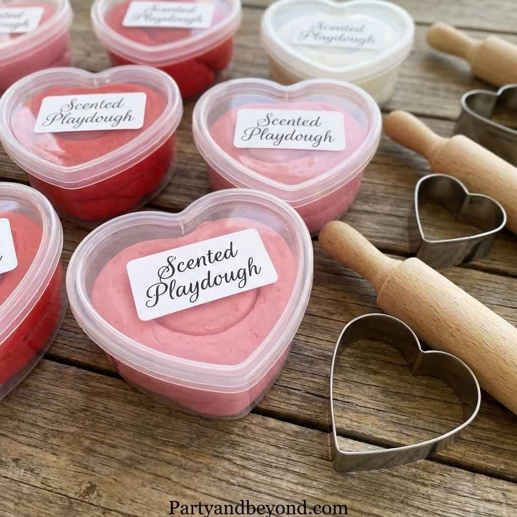 Heart-shaped containers of pink scented playdough for kids' Valentine gifts.