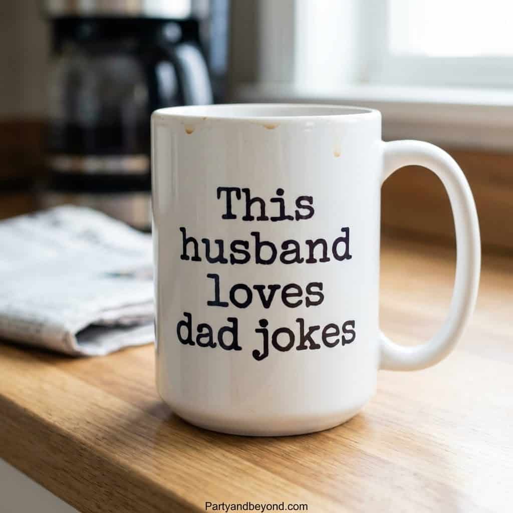 Humorous mug with "This husband loves dad jokes" text for Valentine's Day gift.