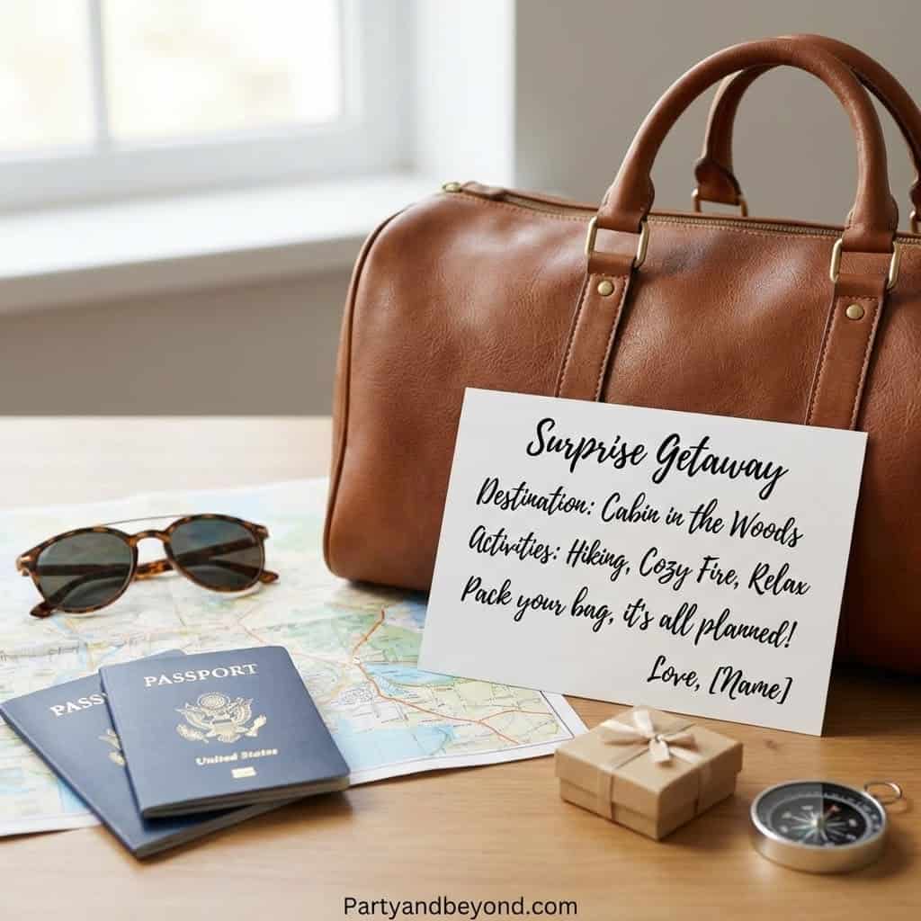 Travel bag with a surprise note, passport, and accessories for a romantic getaway.