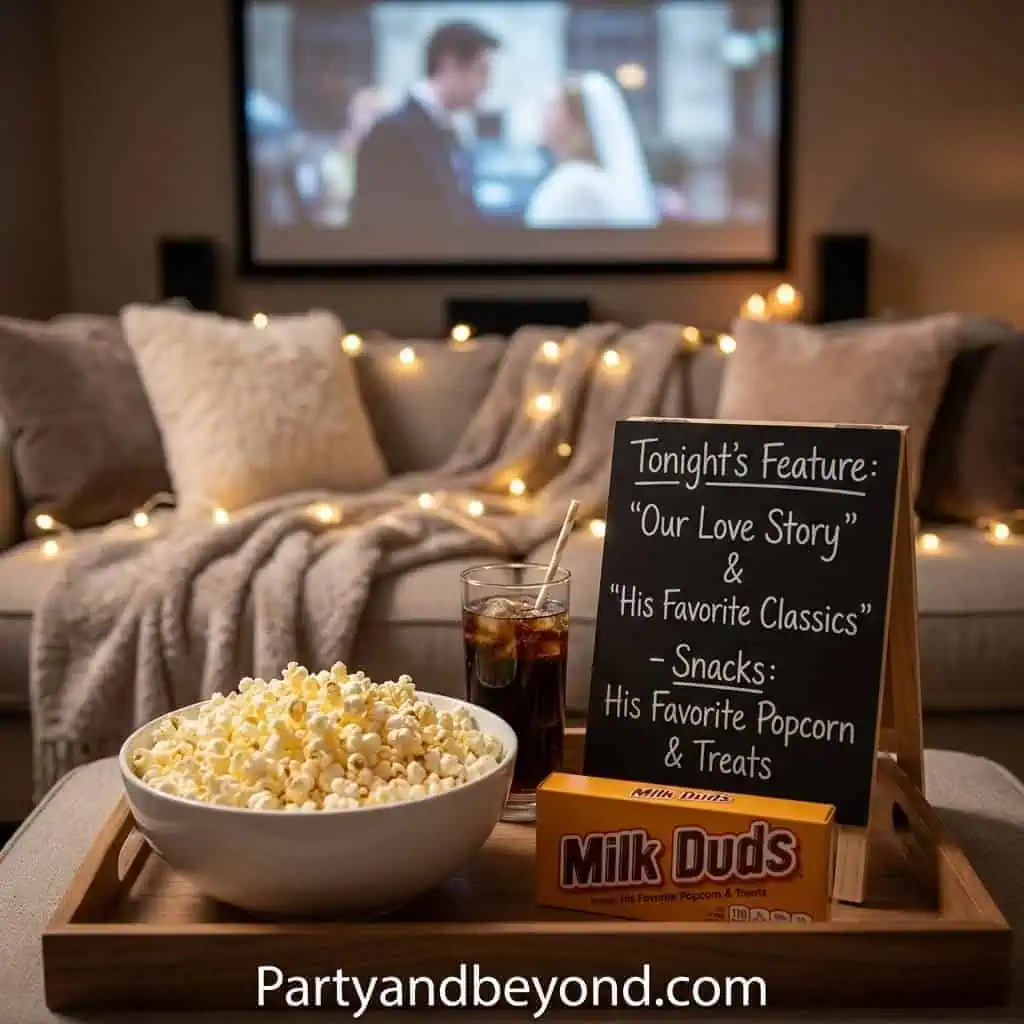 Romantic movie night setup with popcorn and drinks for Valentine's Day.