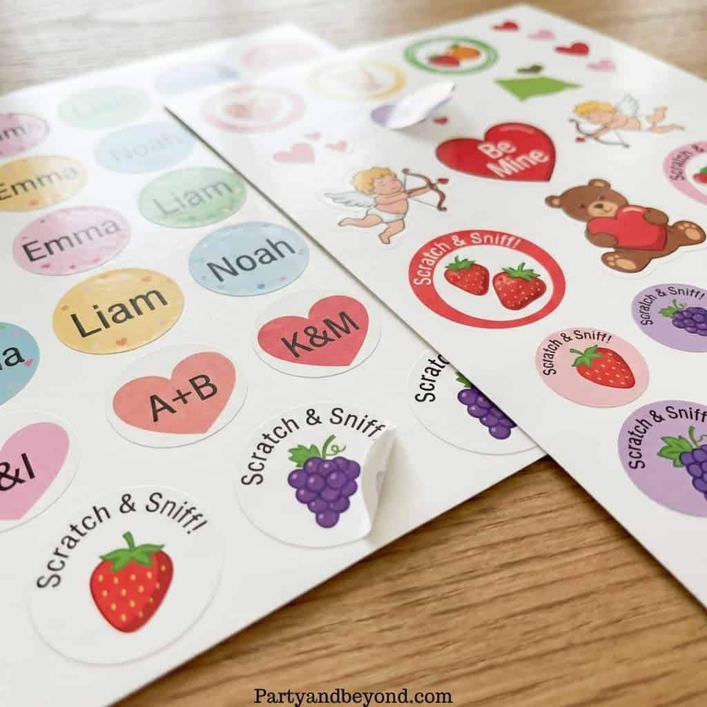 Valentine's Day classroom stickers with cute characters and fruit designs for kids' Valentine gifts.