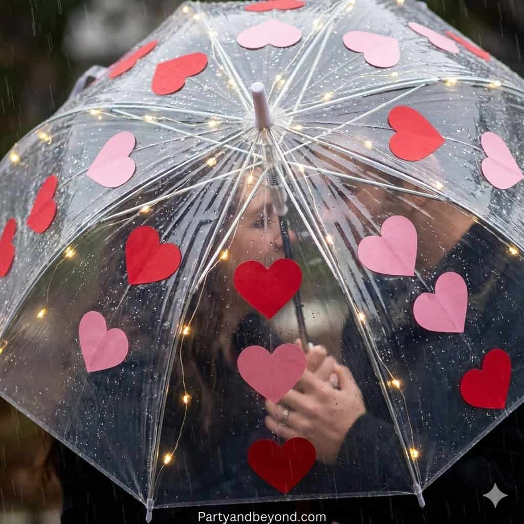 Family holding a heart-decorated umbrella during Valentine’s Day photoshoot.