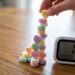 27 Minute-to-Win-It Valentine's Day Games Colorful heart-shaped candies stacked with love messages for Valentine's Day fun.