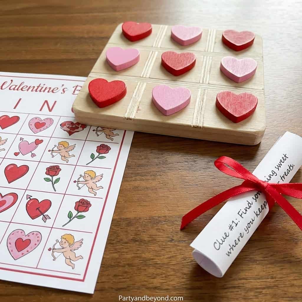 Valentine's Day heart game with wooden hearts and printable worksheet for kids.