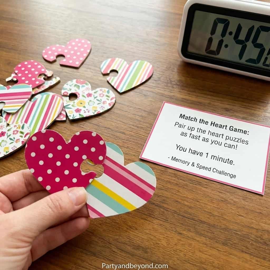 Heart-shaped puzzle pieces for Valentine's Day game with timer.
