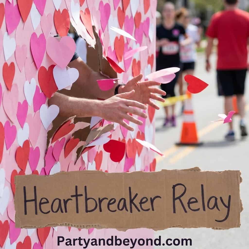 Participants throw paper hearts through a heart-shaped wall at a Valentine's Day game.