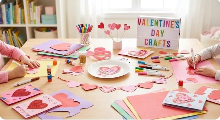 Valentine’s Day crafts for kids with colorful paper, markers, and heart decorations. Perfect for chi.
