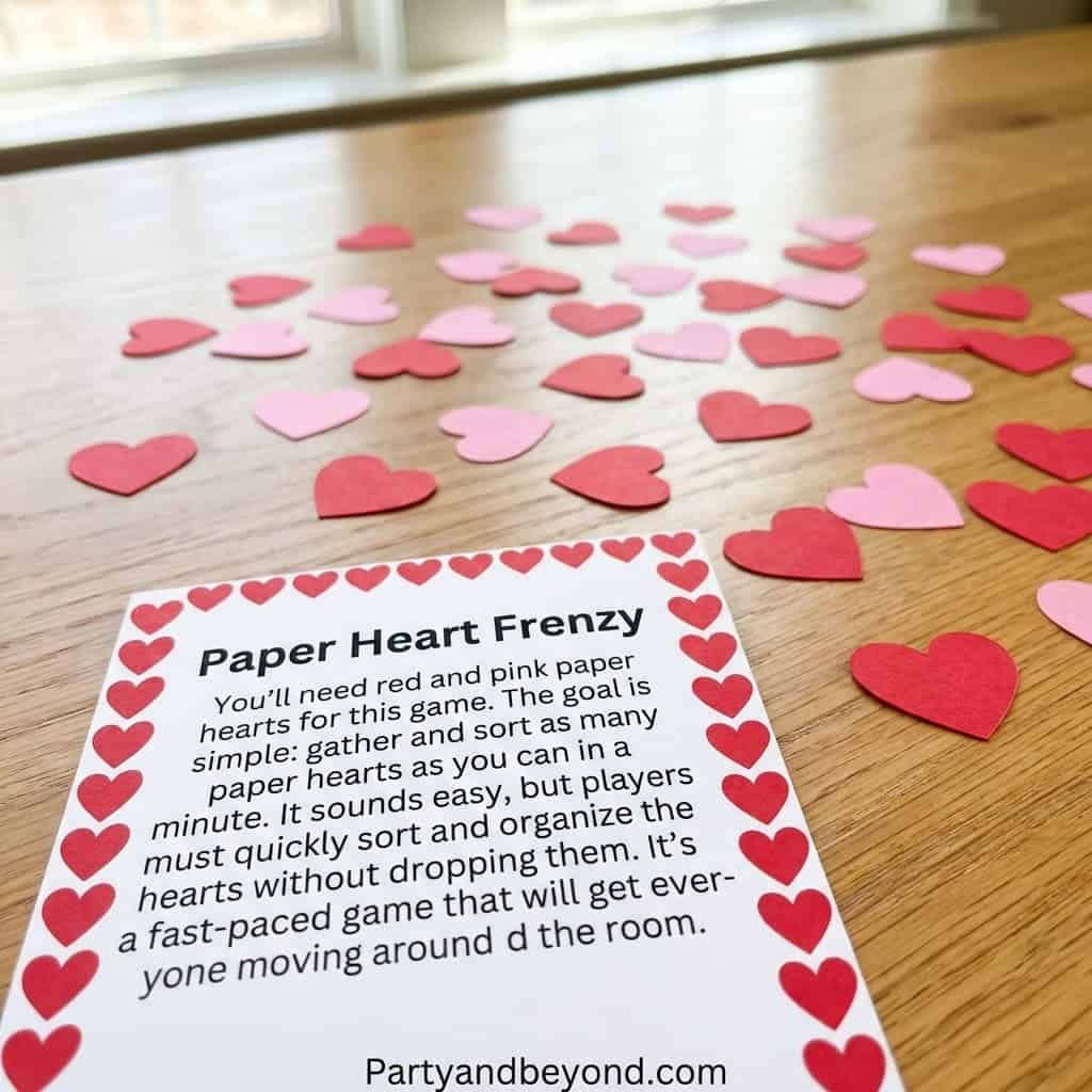 Valentine's Day paper heart game for kids and adults, perfect for fun and fast-paced Valentine's Day.