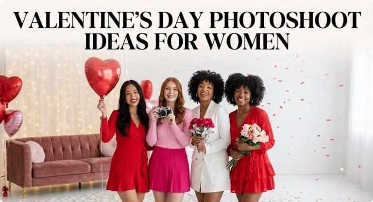 Women celebrating Valentine's Day with photoshoot, balloons, and flowers.
