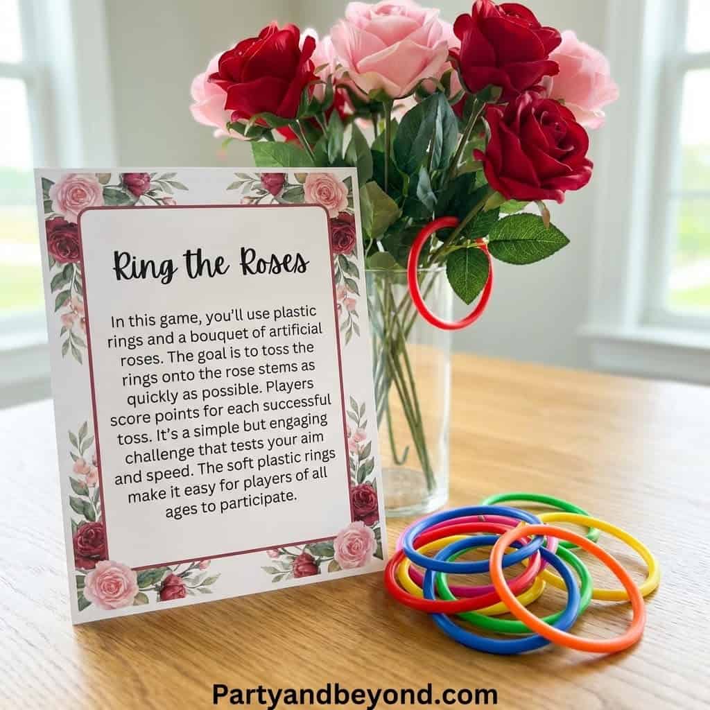 Valentine’s Day ring toss game with artificial roses and colorful rings for fun activities.