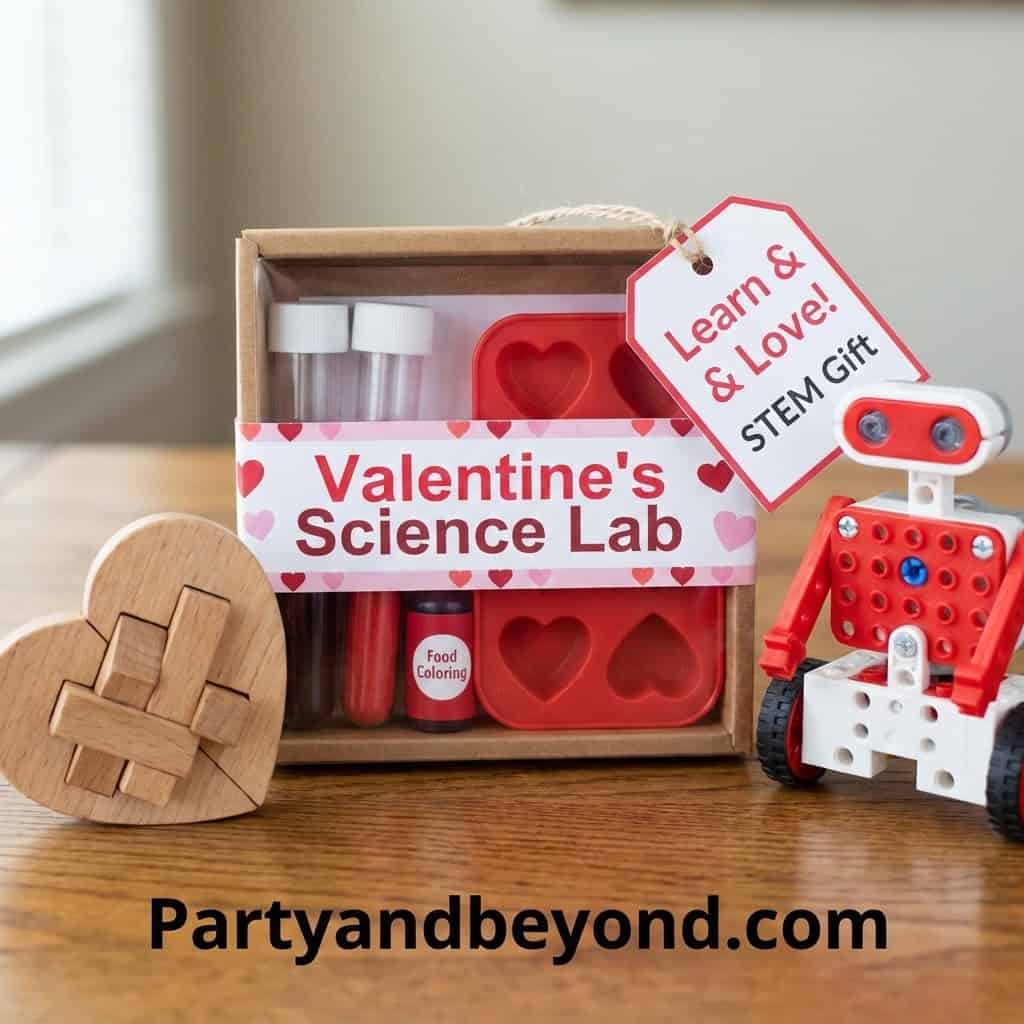 Valentine's STEM science lab kit with heart-shaped molds and robot toy for kids.