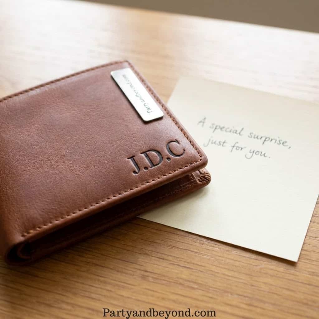 Wallet with initials J.D.C. and a heartfelt note on a wooden surface. Perfect for Valentine’s Day su.