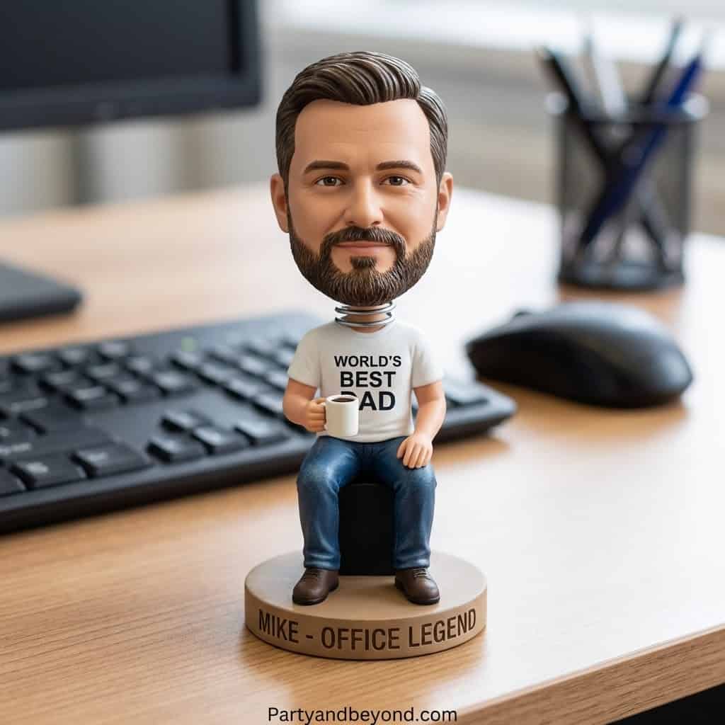 Funny Dad Bobblehead with "World's Best Dad" inscription for Father's Day or gift.