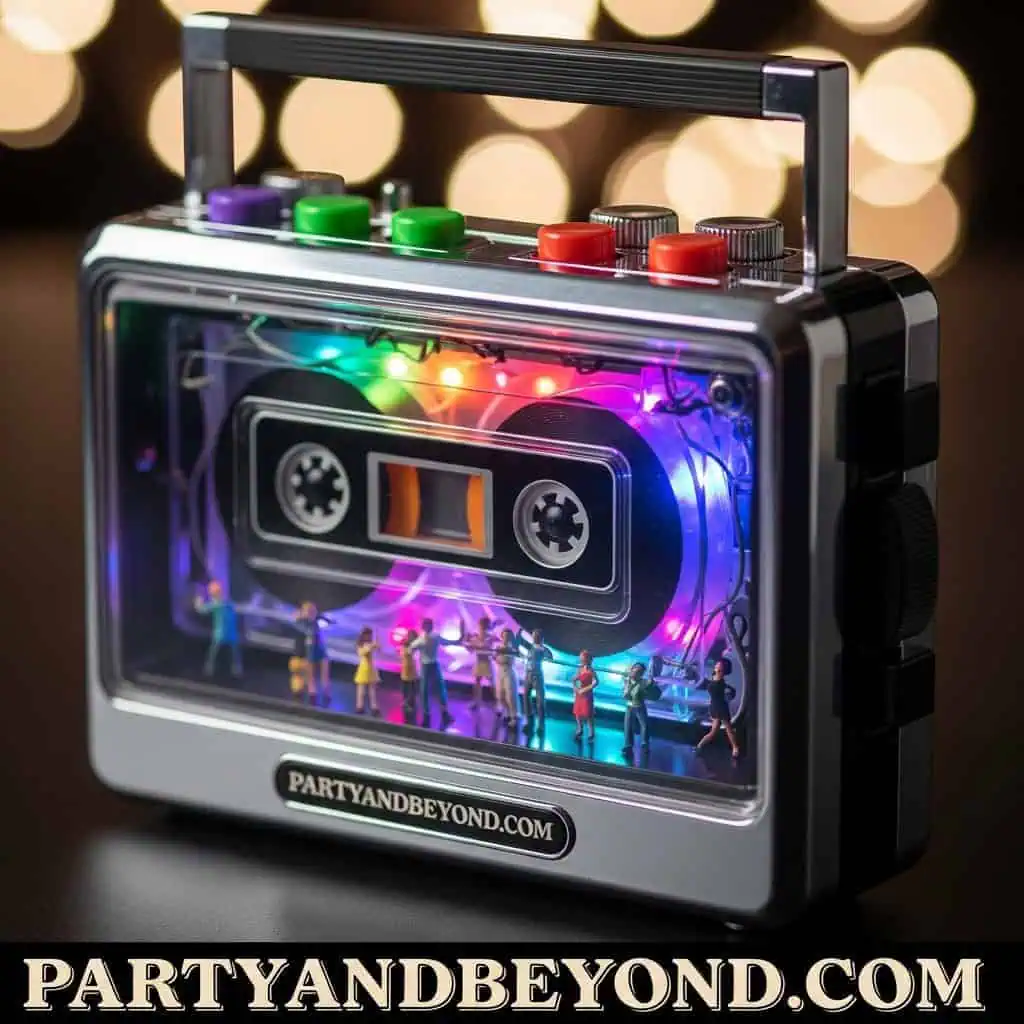 Audio cassette tape with miniature figures and colorful lights for party fun.