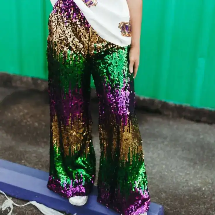 Sequin Mardi Gras pants with vibrant green, purple, and gold colors for festive Mardi Gras outfits.