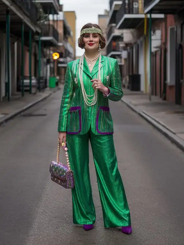Elegant Mardi Gras costume with green satin suit and accessories.