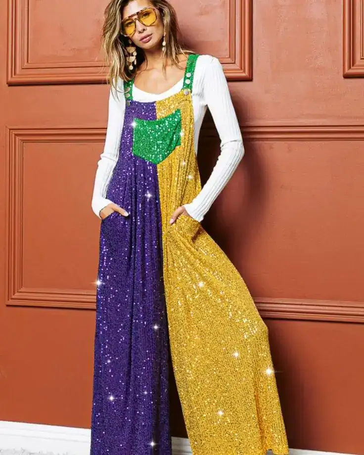 Colorful Mardi Gras outfit with sequins and vibrant accessories.
