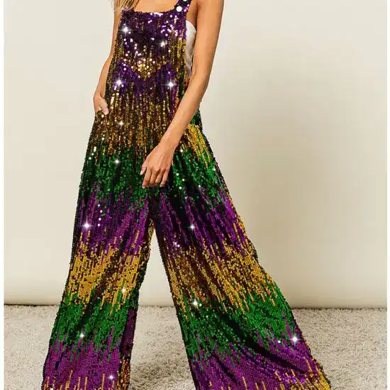 Sequin Mardi Gras jumpsuit with vibrant purple, green, and gold colors. Perfect for Mardi Gras celeb.