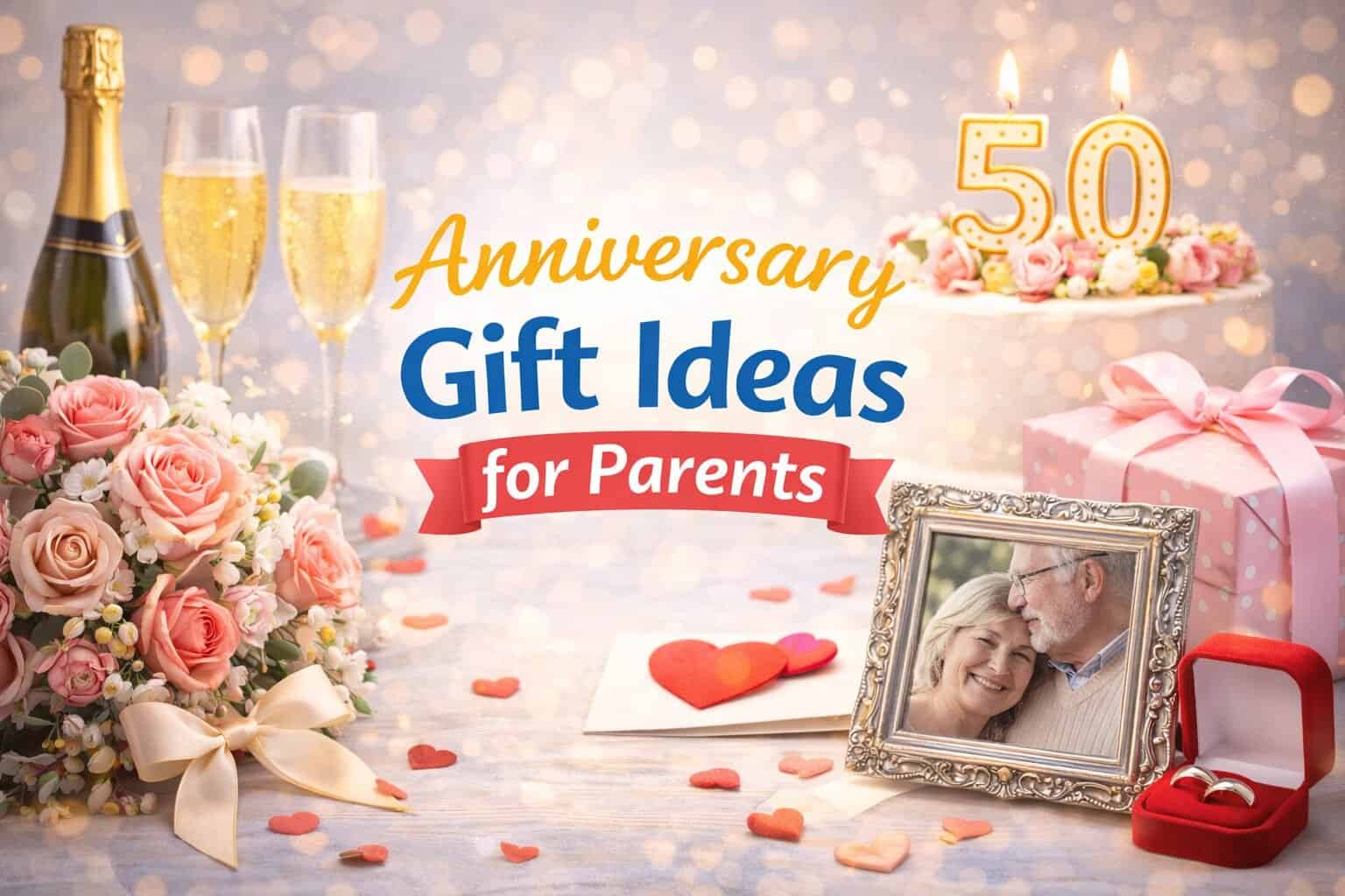 Anniversary gift ideas for parents celebrating 50 years, featuring flowers, champagne, and personali.