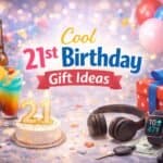 19 Cool 21st Birthday Gift Ideas Celebration scene with birthday cake, balloons, and party accessories for 21st birthday gifts.