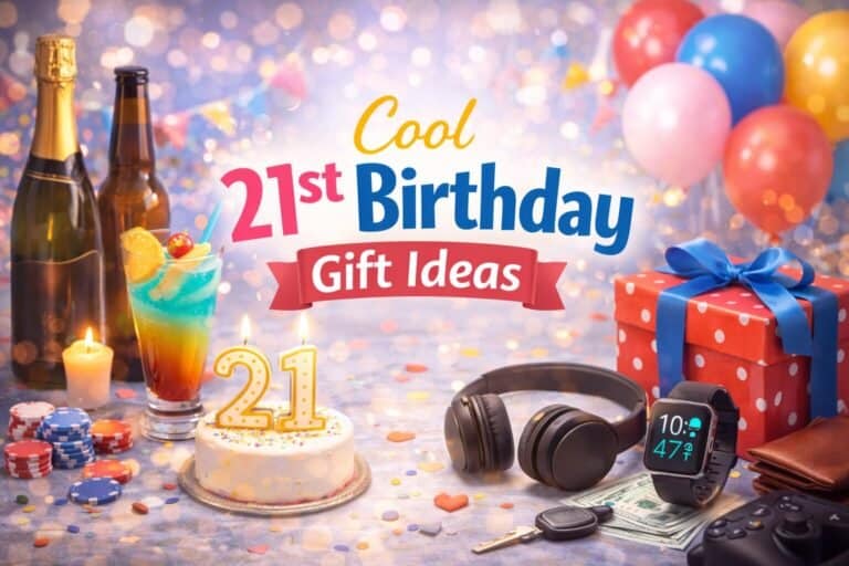 Celebration scene with birthday cake, balloons, and party accessories for 21st birthday gifts.
