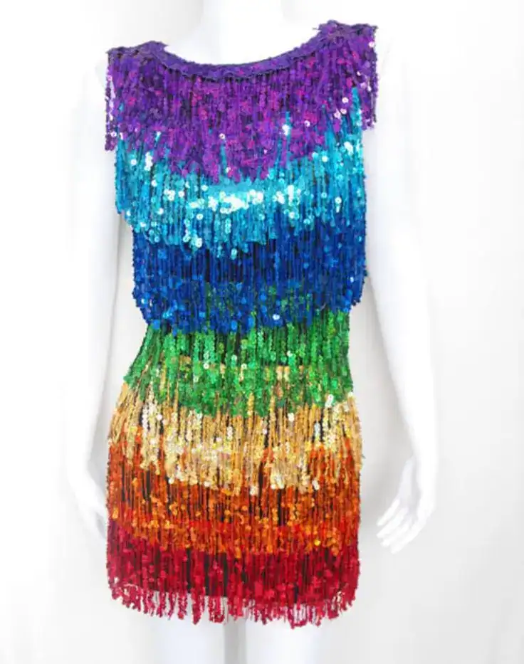 Vibrant rainbow sequin Mardi Gras dress for festive celebrations.