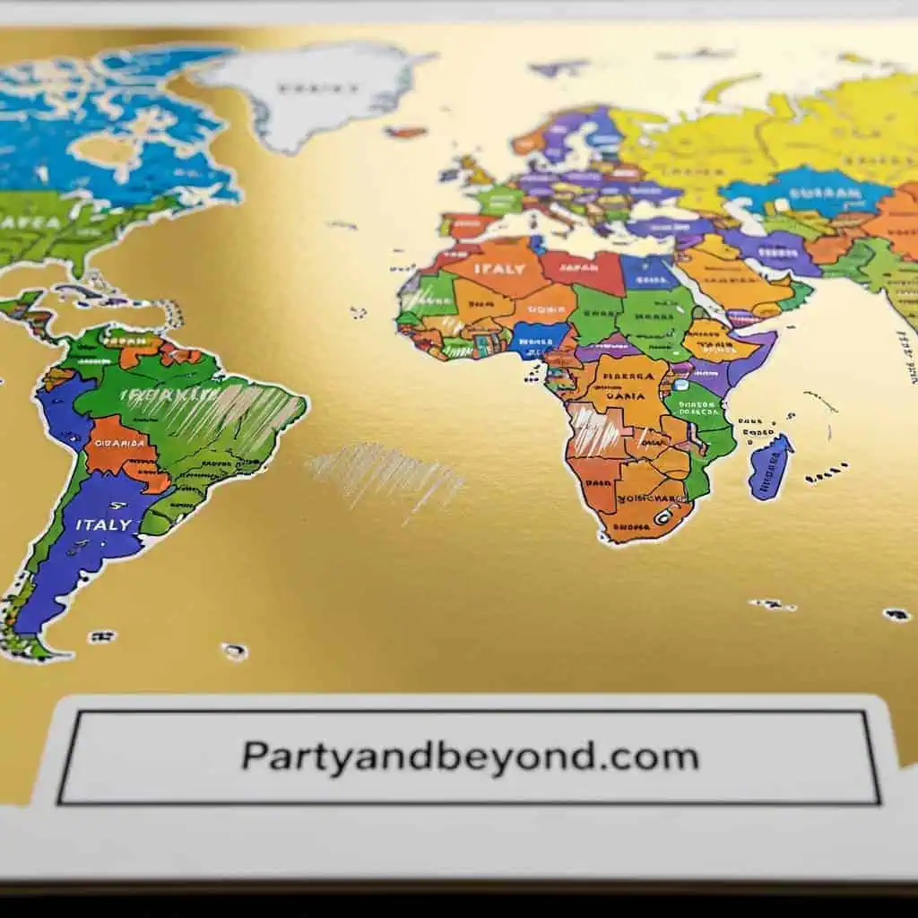 World map with colorful country borders for travel and gift ideas.