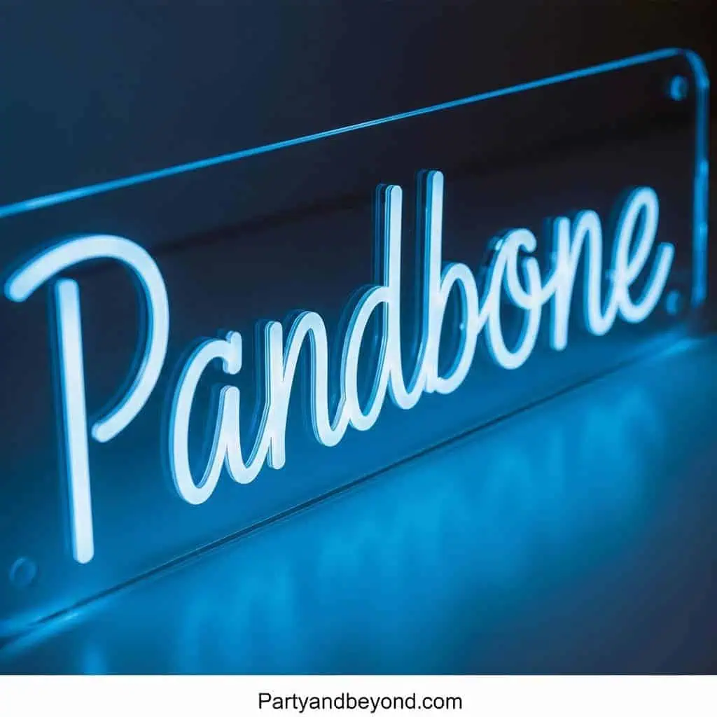Neon sign reading "Pandora" illuminated in blue for trendy party decor.