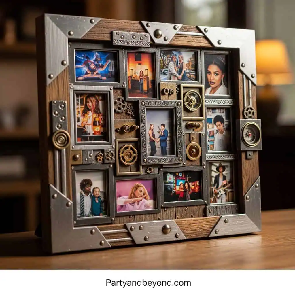 Creative photo collage frame with multiple pictures and decorative gears.