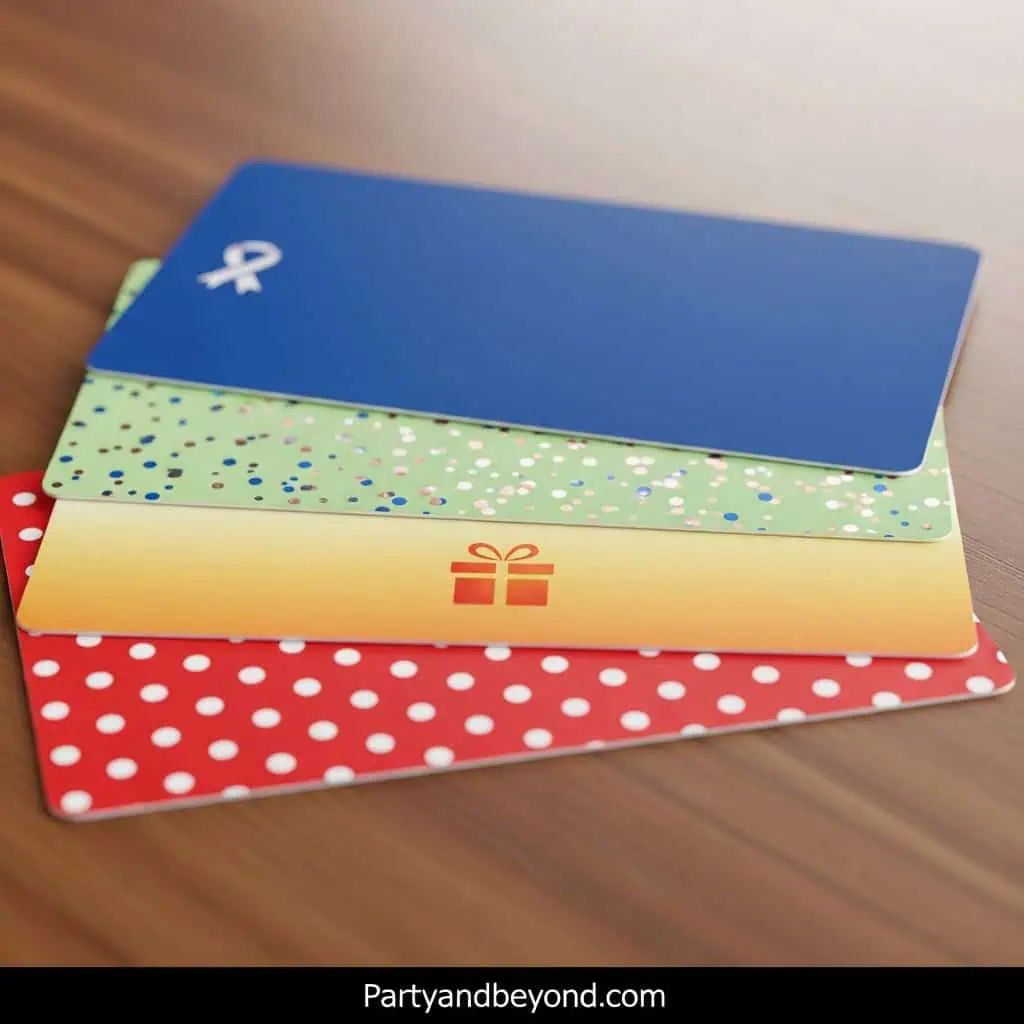 Colorful gift cards for teens' birthday celebrations.