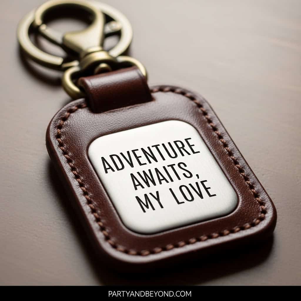Personalized leather gift tag with "Adventure Awaits, My Love" message for 21st birthday.