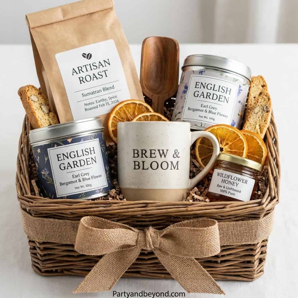 Elegant gift basket with artisan coffee, tea, honey, and snacks for Mother-in-Law.