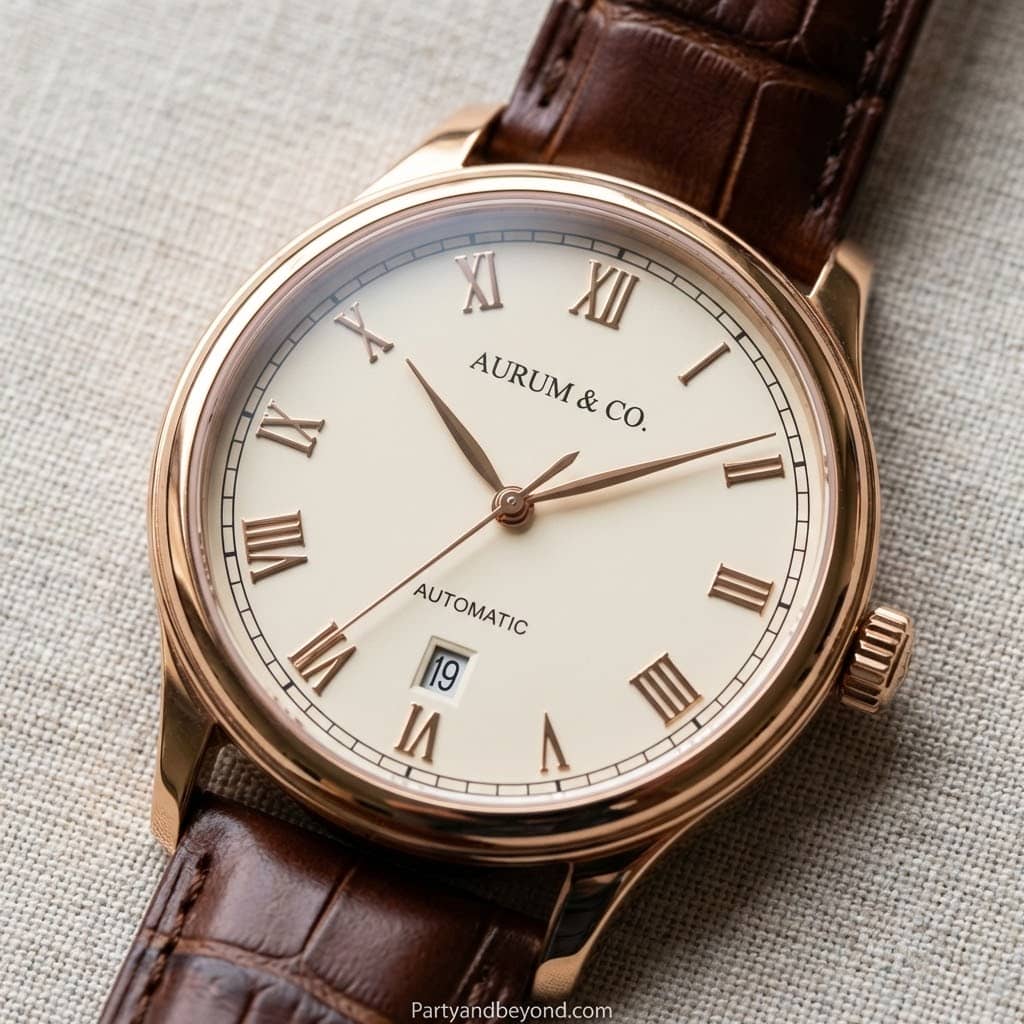 Elegant gold-tone wristwatch with Roman numerals and leather strap.