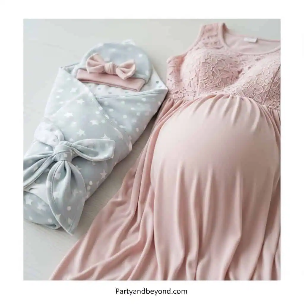 Elegant pink maternity dress with baby essentials for gender reveal celebrations.