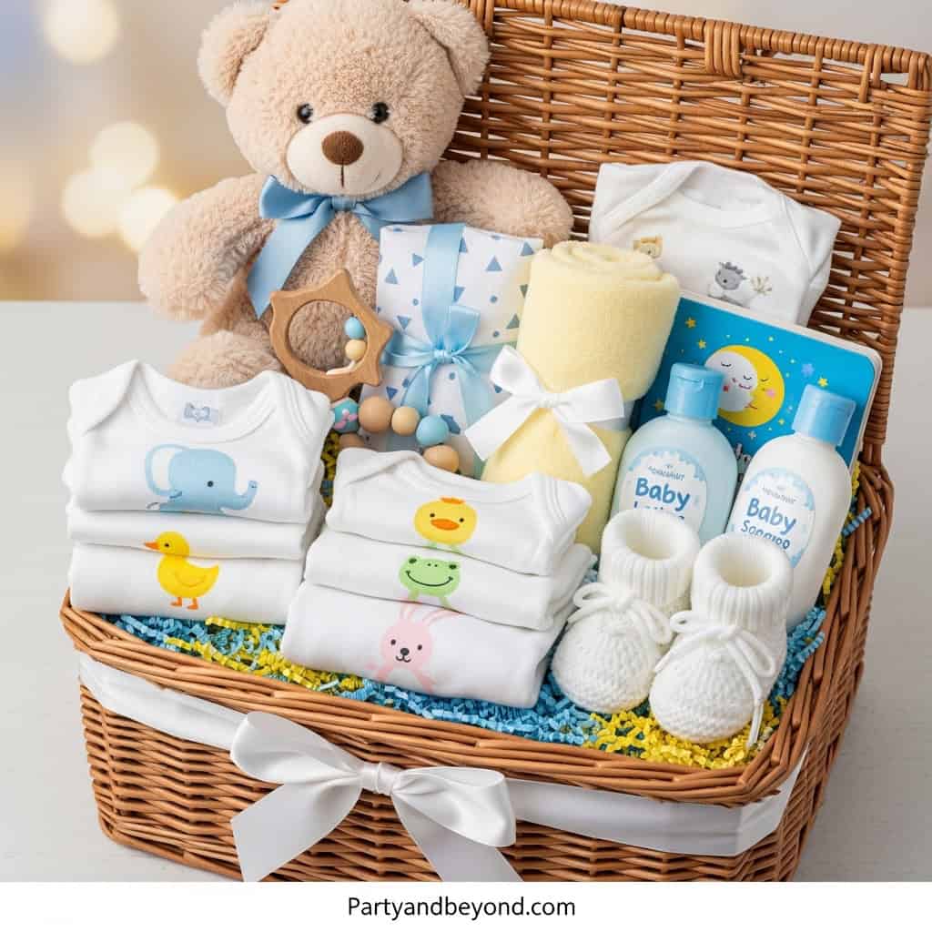 Baby gender reveal gift basket with teddy bear, baby clothes, and essentials for new parents.