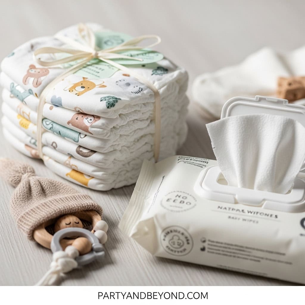 Soft baby diapers, wipes, and pacifier for gender reveal celebrations.