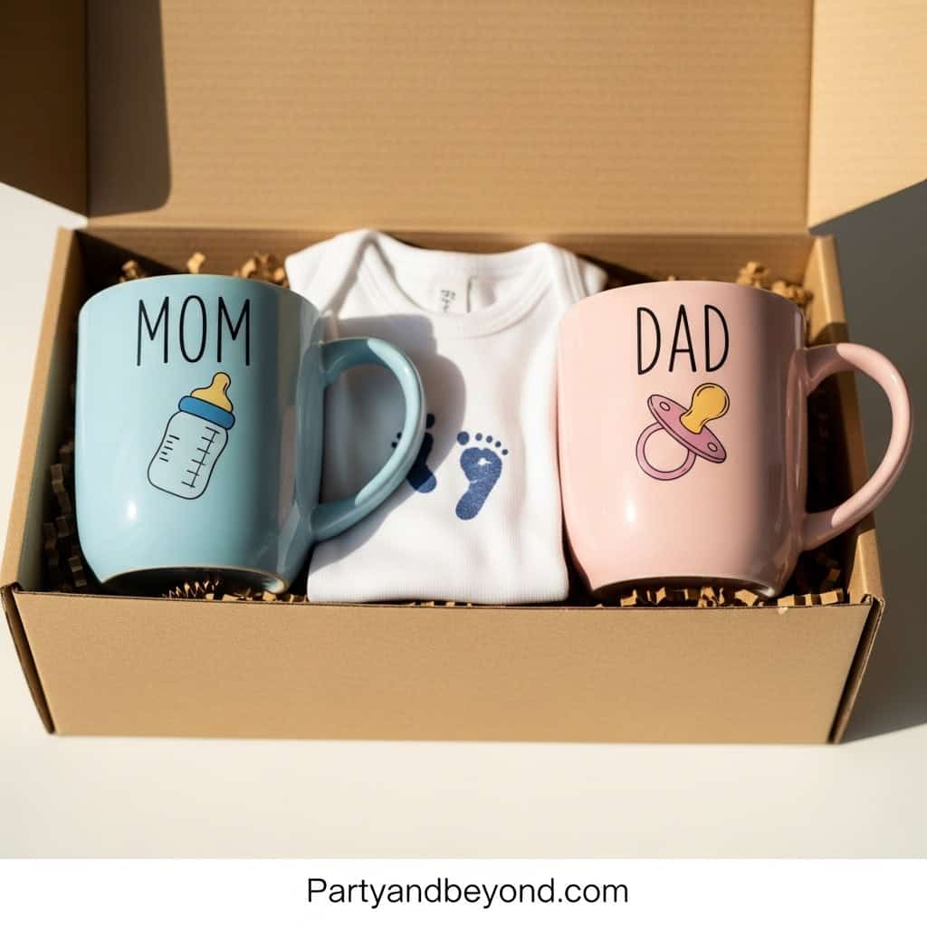 Baby gift set with mom and dad mugs, onesie, perfect for gender-neutral celebrations.