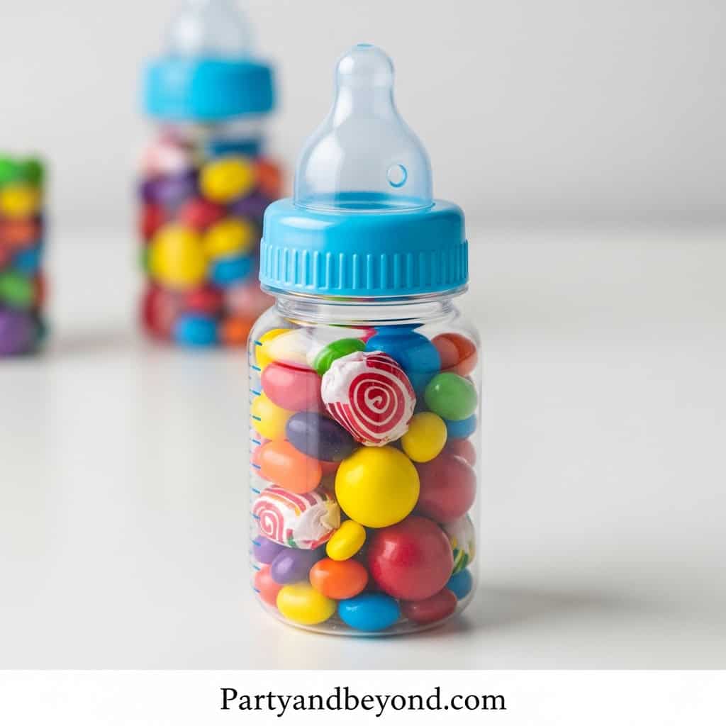 Colorful baby shower candy jar with assorted sweets and a baby bottle lid.
