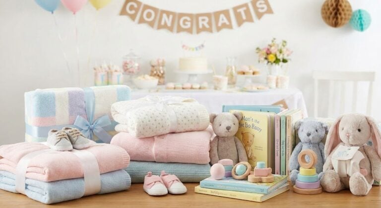Adorable baby shower gift ideas including plush toys, blankets, and books for celebrating new arriva.