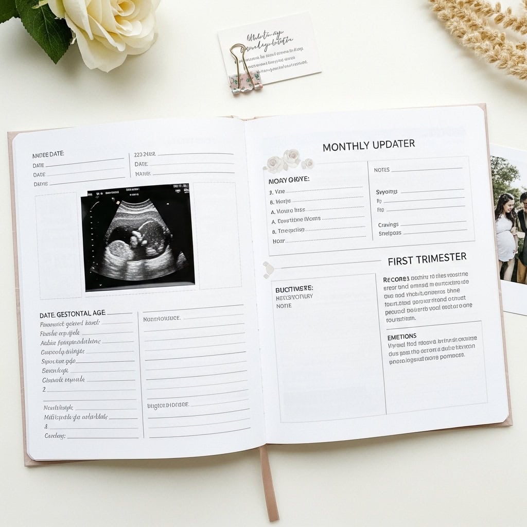 Open baby journal with ultrasound photo, notes, and gift list for new moms.