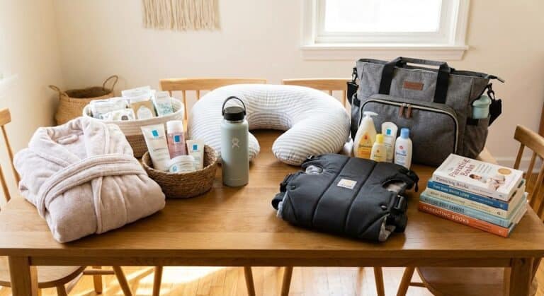 Baby shower gift set with essentials for new moms, including skincare, cozy blanket, and travel acce.